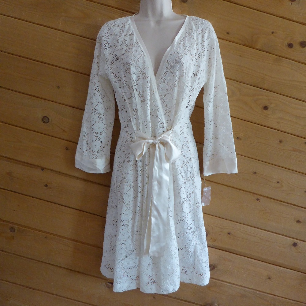 Midnight Carole Hockman Robe Kimono Nightgown White Cream Crochet Lace Floral S
